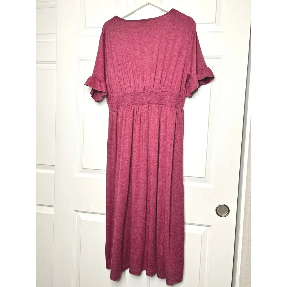 Allegra K V Neck Button Front Ruffle Sleeve‎ Midi Dress Fuchsia XL